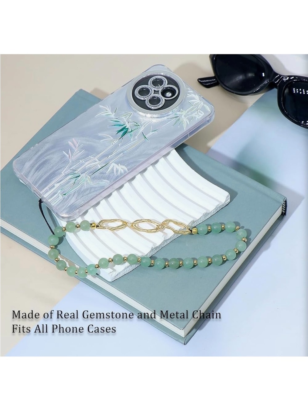 Seafoam Green Stone Gold Hammered Metal Phone Charm Lanyard Chain Clip NWT